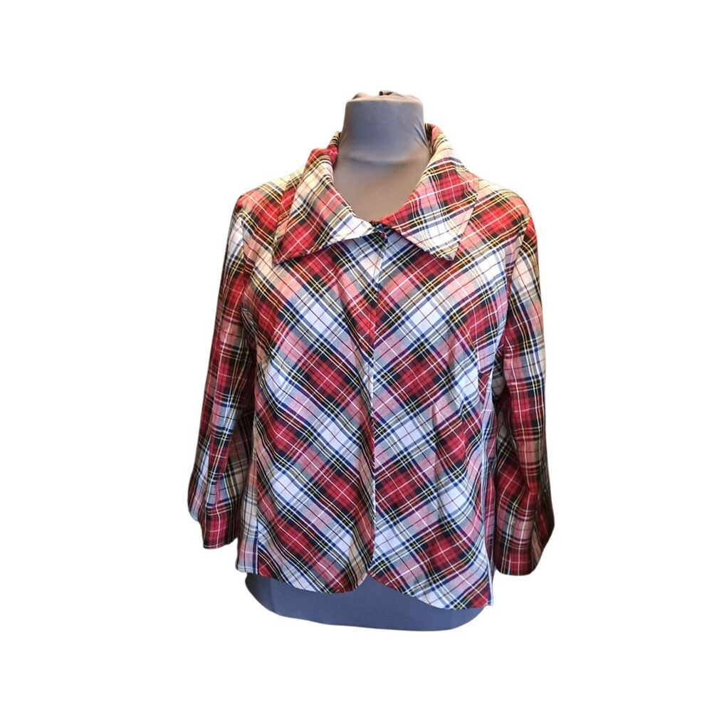 Cato Woman Plaid Jacket Womens 22/24W Red Multi Lined Large Collar 3/4 Sleeve